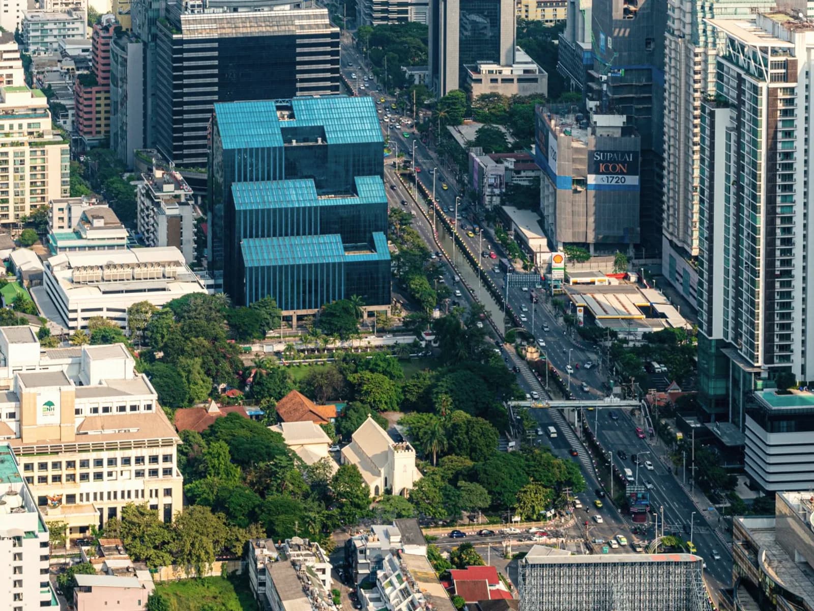 Aerial view of Bangkok city streets and traffic in the daytime